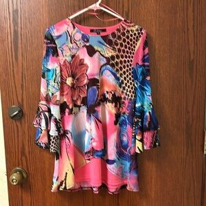 Tunic length top with double ruffle sleeves